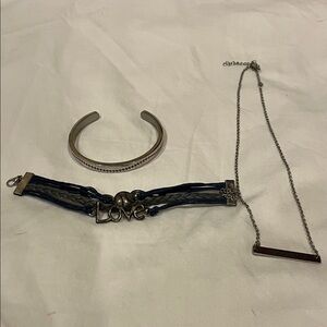 Baseball Theme - Silver Cuff, Navy Braided Love' Bracelet, Silver Bar necklace